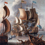 The painting is A Sea Fight with Barbary Corsairs by Laureys a Castro, c. 1681