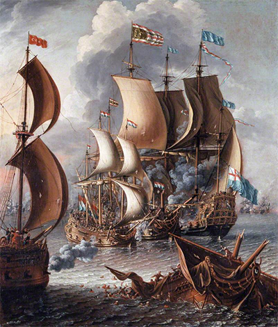 The painting is A Sea Fight with Barbary Corsairs by Laureys a Castro, c. 1681